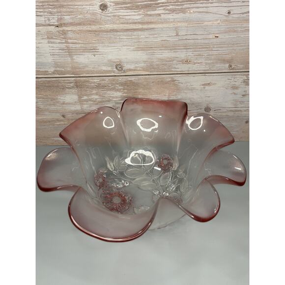 Vintage Mikasa Pink Glass Bowl Set. Rosella ruffle edge, flower shape. - Picture 2 of 10